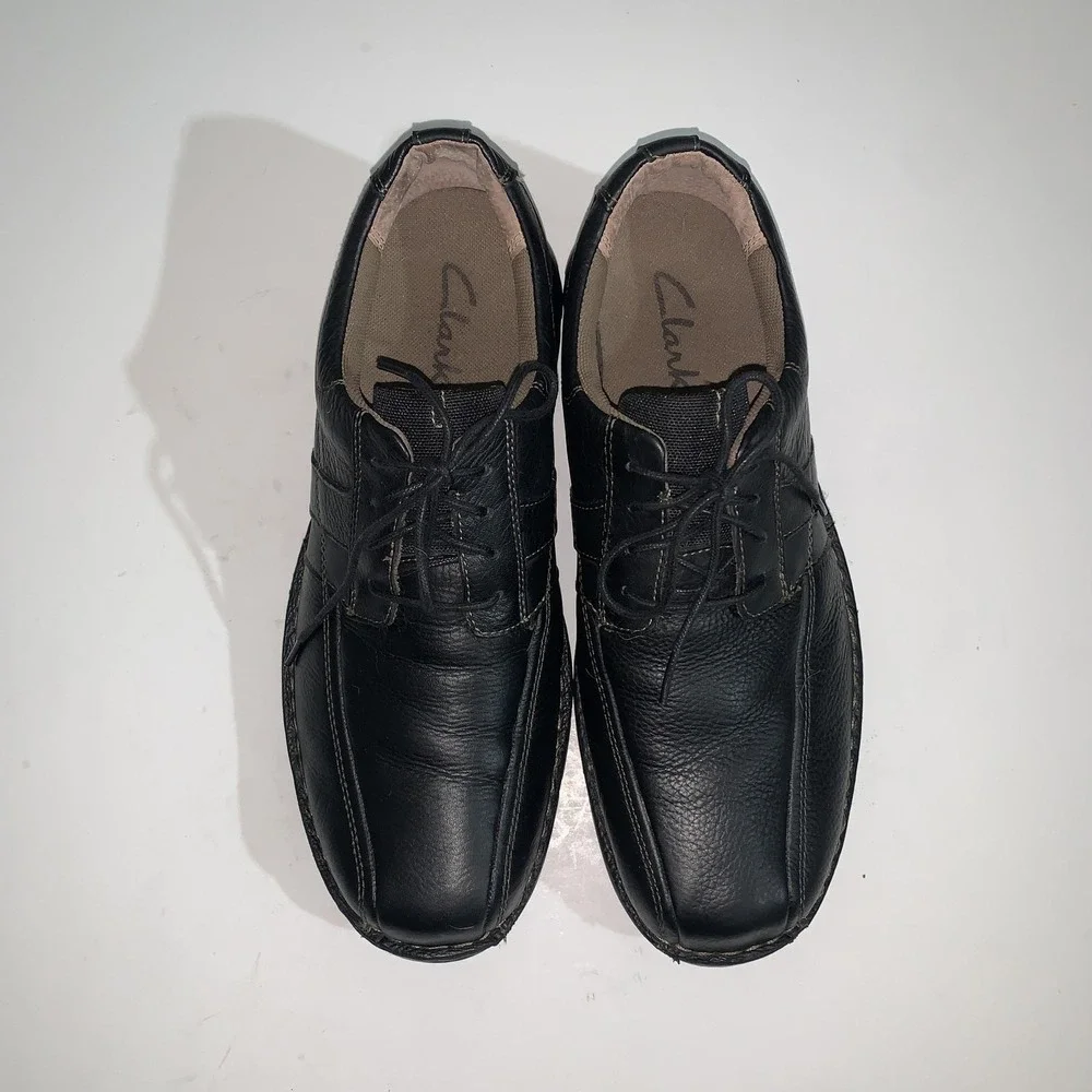 Clarks Shoes Mens Size 11W Black Leather Lace Up Casual Comfort Walking Sneakers